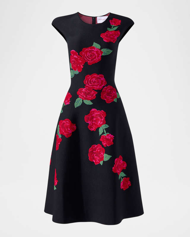 Floral Jacquard Cap-Sleeve Knit Flare Dress